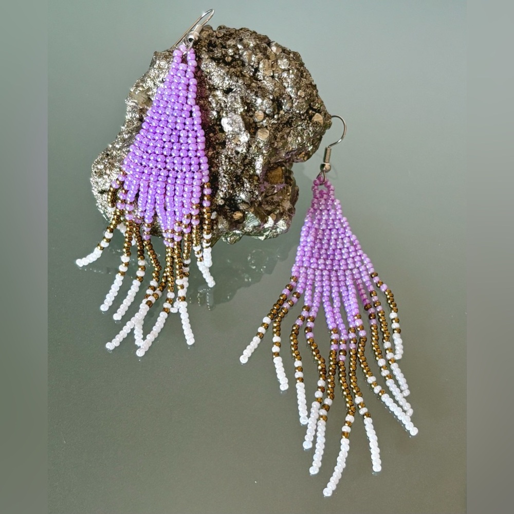 Hand Beaded Purple Lavender Gold White Gradient Tassel Dangle Earrings New